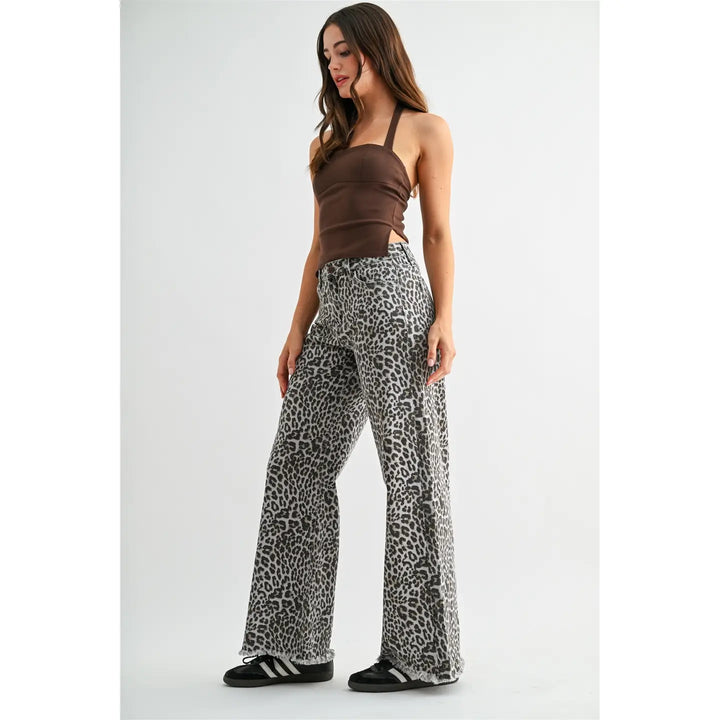 High-Rise Wide Leg Frayed Hem Leopard