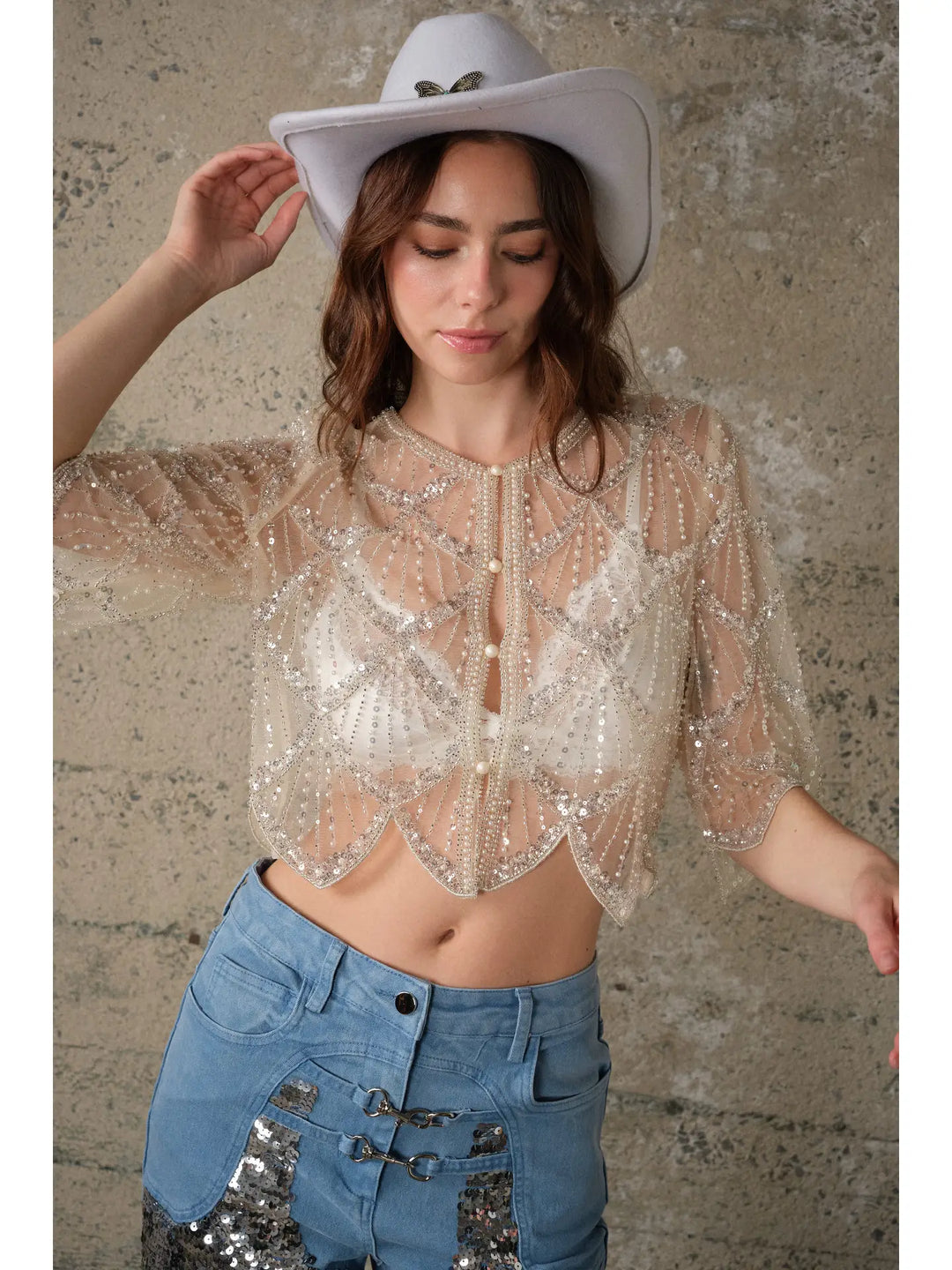 Sequin Beaded Mesh Cape Top