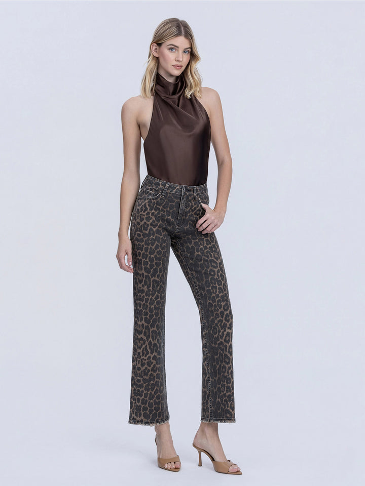 High Rise Leopard Print Slim Wide Jeans