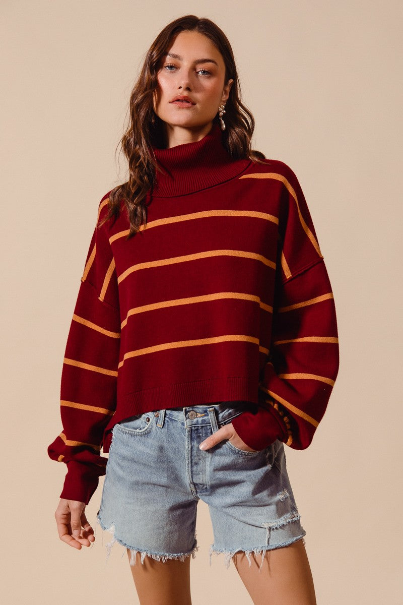Loose Fit Stripe Turtle Neck Sweater Top