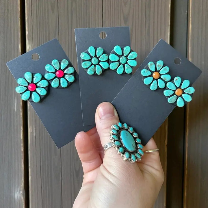 Faux Turquoise Mini Flower Studs-Orange