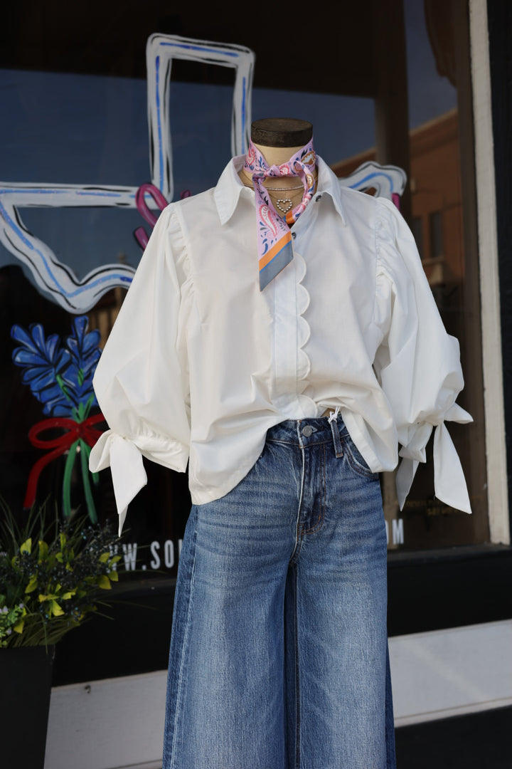 Scalloped Button Down Top-White