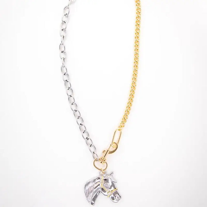 18" 18K Two Toned Plated Chain Necklace with Horse Pendant