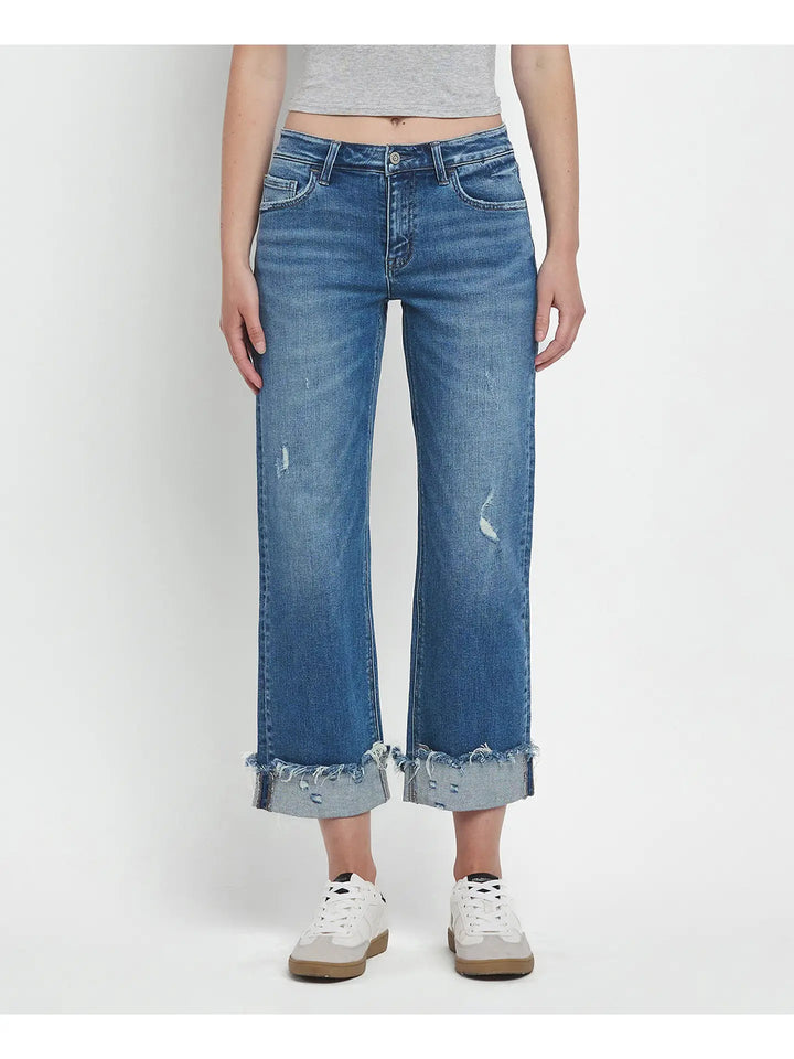Mid Rise Raw Cuffed Hem Slim Wide Jeans
