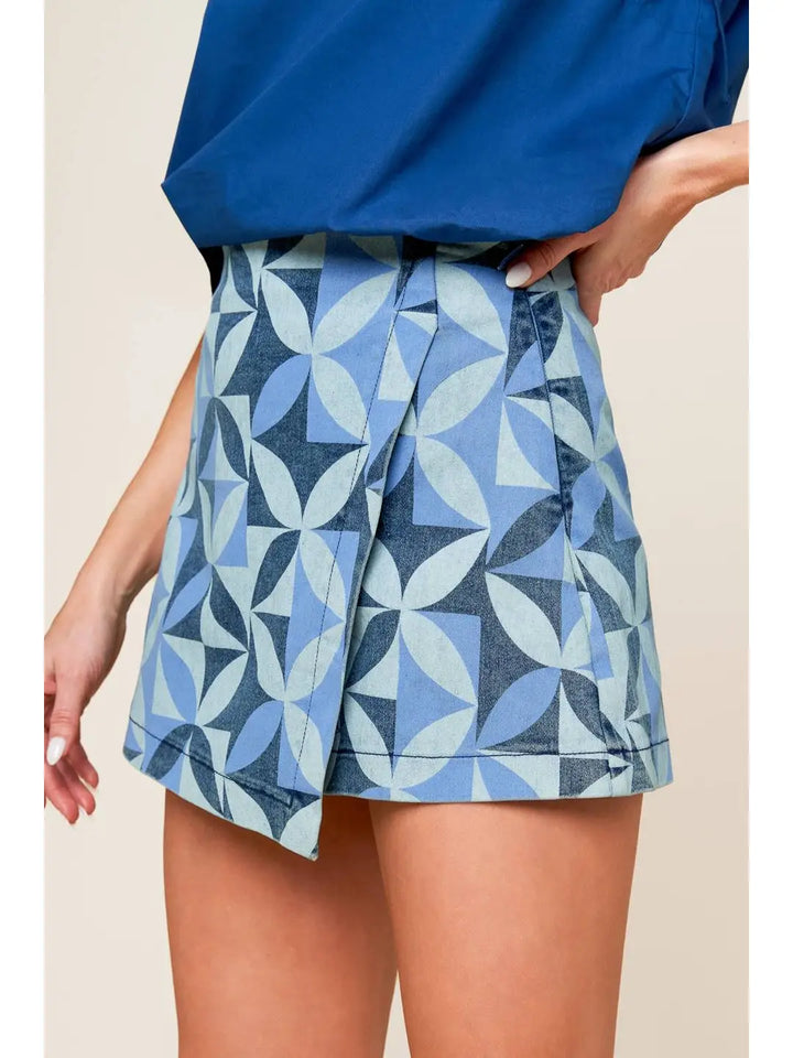 Printed Denim Skort