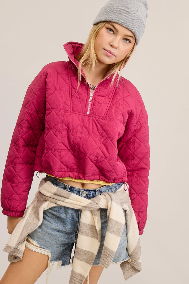 Quilted Puffer Sweater with Collared Zipper-Pink