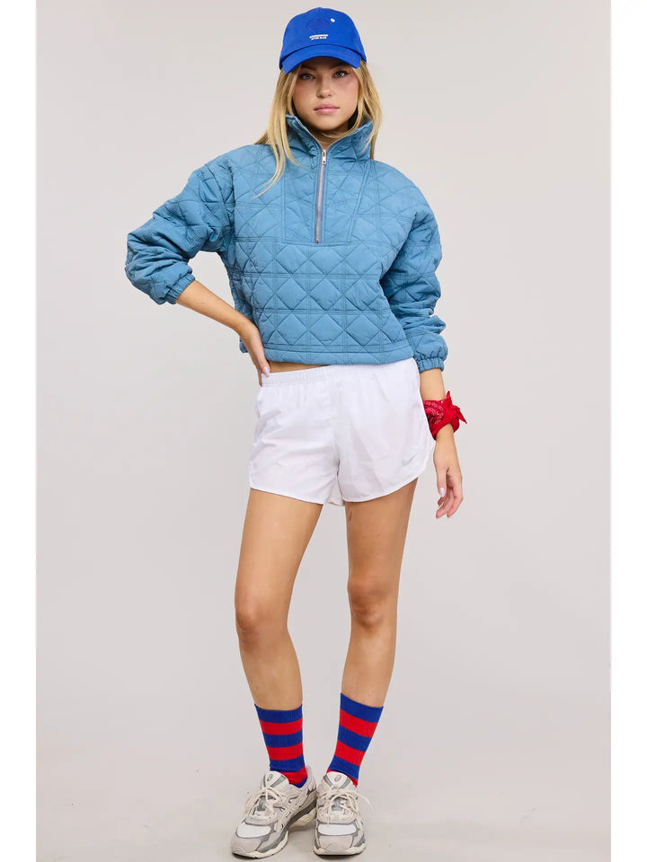 Quilted Puffer Sweater with Collared Zipper-Blue