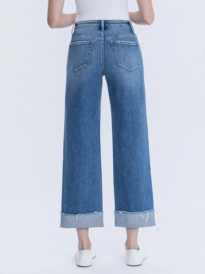 High Rise Raw Cuffed Hem Slim Wide Jeans