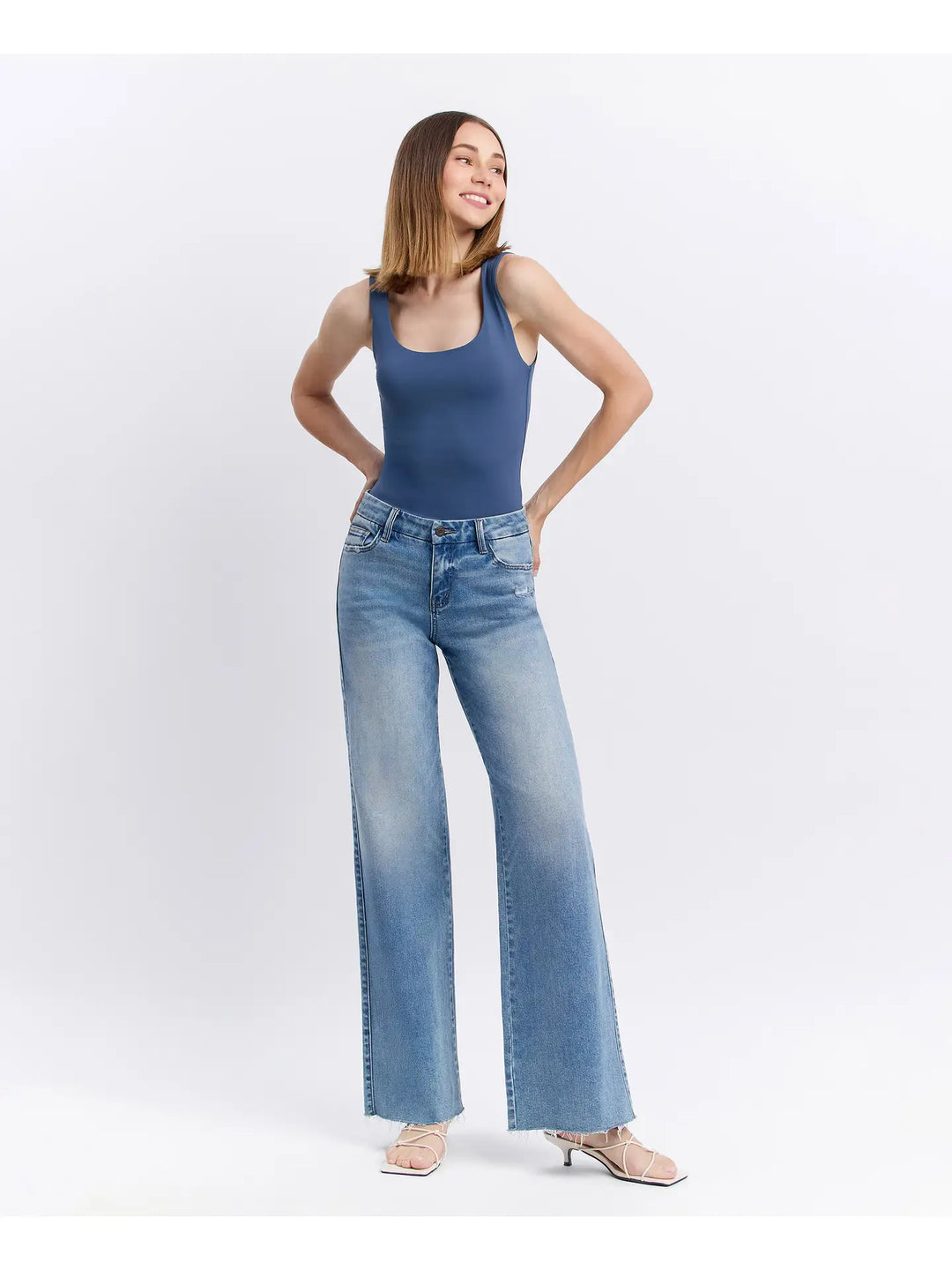 Mid Rise Clean Cut Raw Hem Wide Jeans