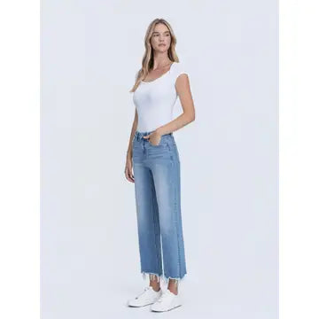 High Rise Distressed Hem Crop Slim Wide Jeans