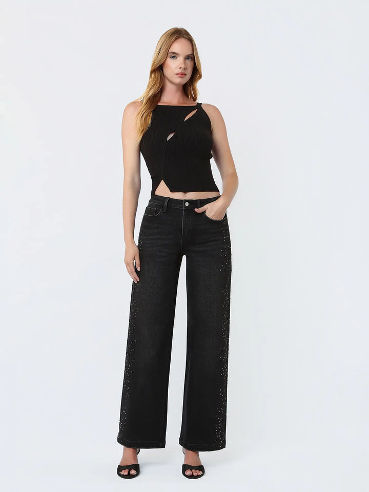 High Rise Black Rhinestone Embellished Wide Jeans
