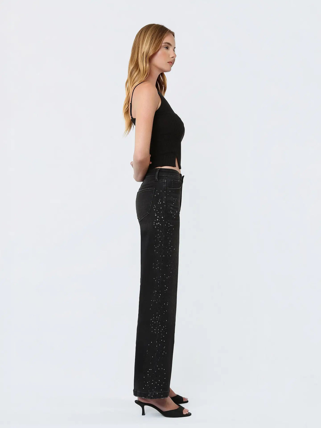 High Rise Black Rhinestone Embellished Wide Jeans