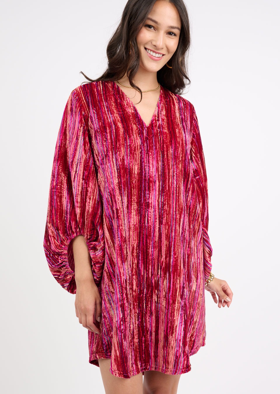 V-Neck Velvet Striped Dress-Uncle Frank