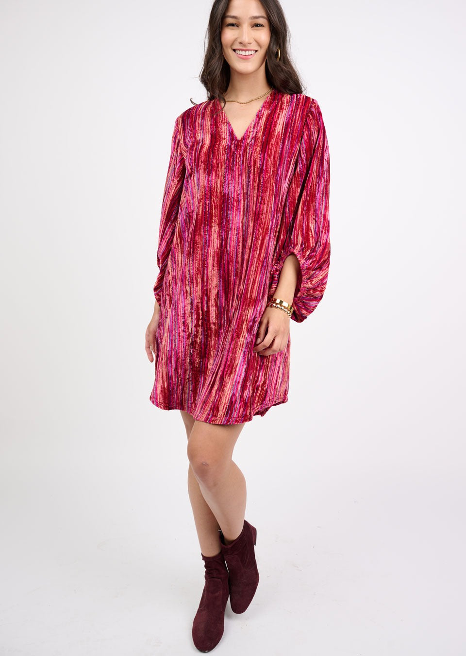 V-Neck Velvet Striped Dress-Uncle Frank