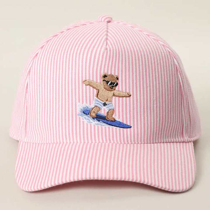 Surfing Bear Embroidered Seersucker Stripe Trucker Hat
