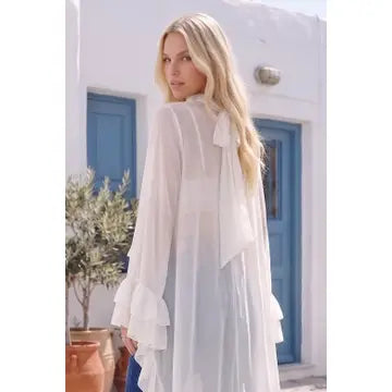 Ruffled Blouse with Mock Neck and Long Asymmetrical Sides