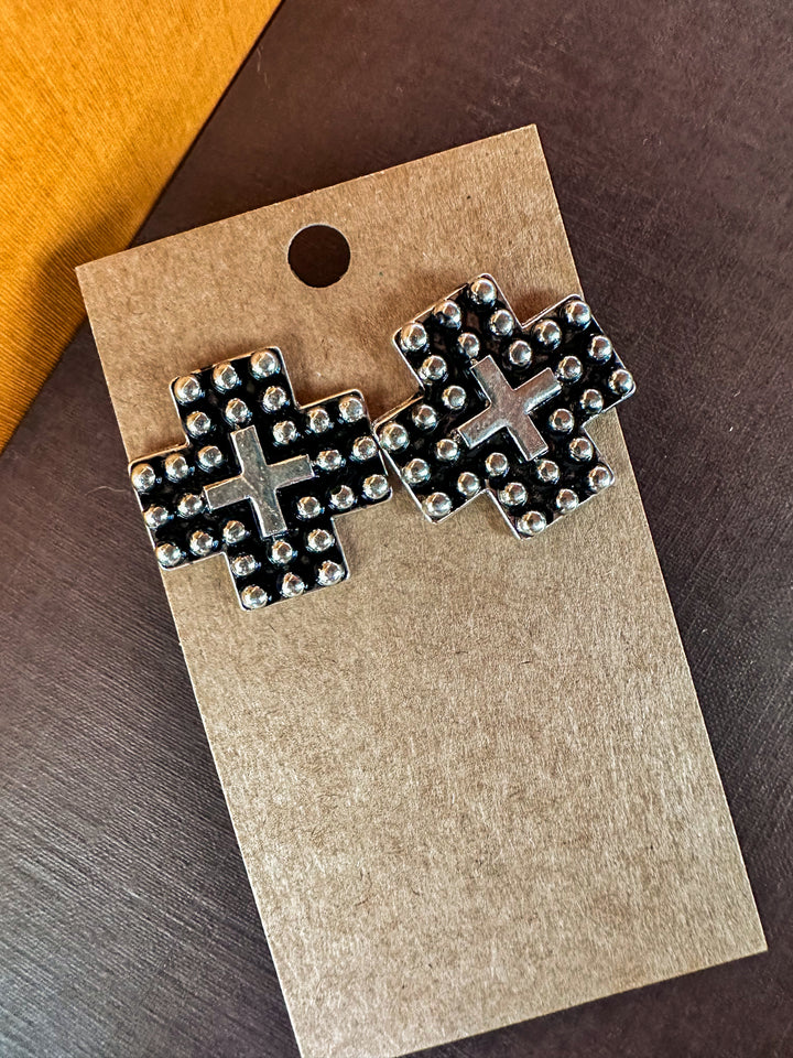 Western ball textured cross metal post earring