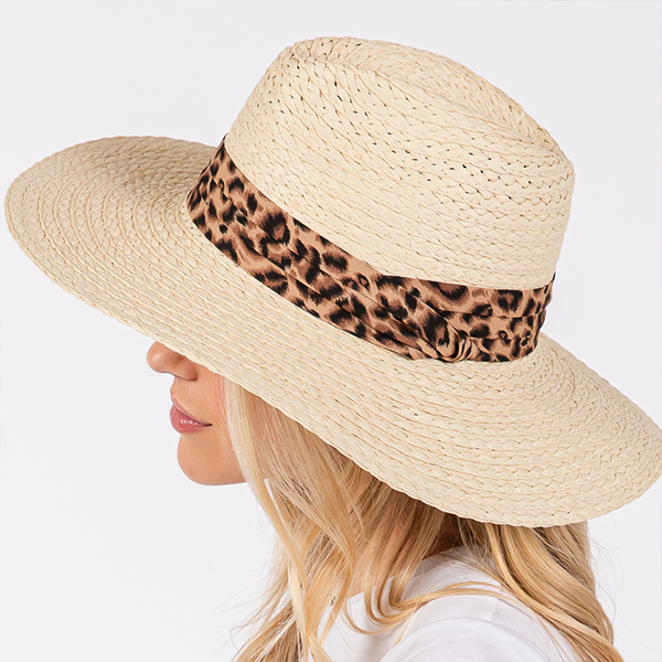 Leopard Band Straw Beige Sun Hat