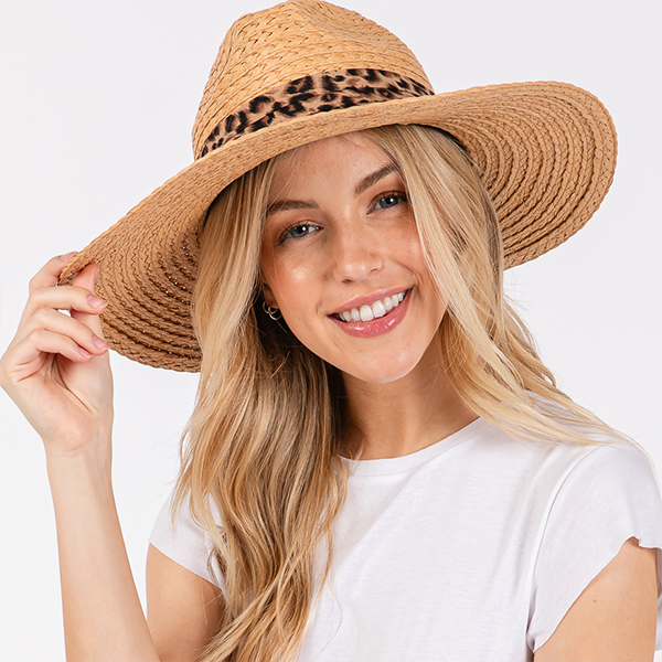 Leopard Band Straw Beige Sun Hat