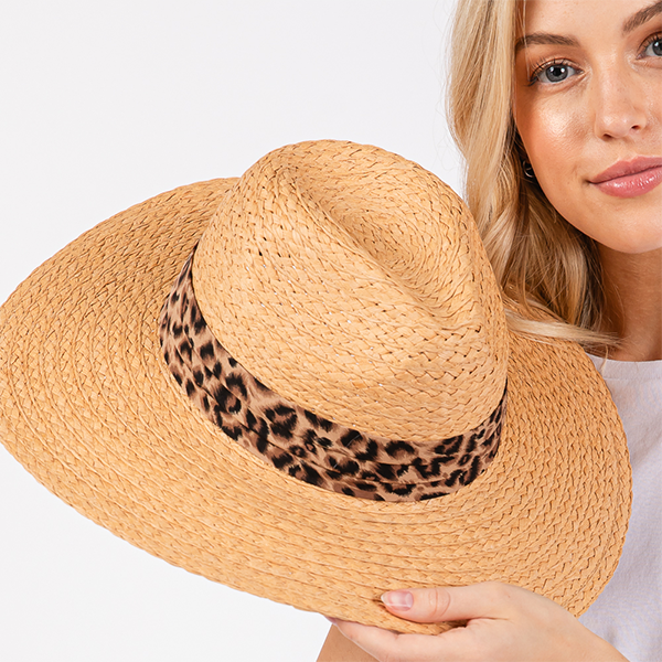 Leopard Band Straw Beige Sun Hat