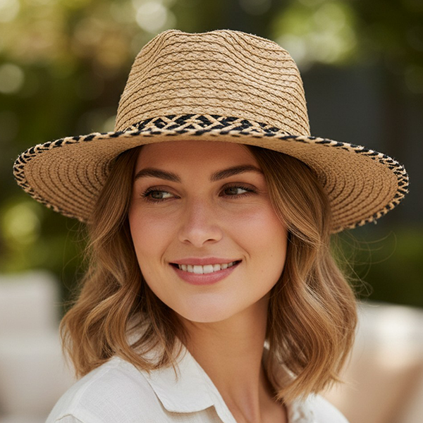 Straw Fedora Geometric Band Taupe Hat