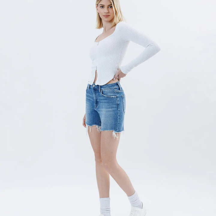 High Rise Raw Hem Boyfriend Shorts