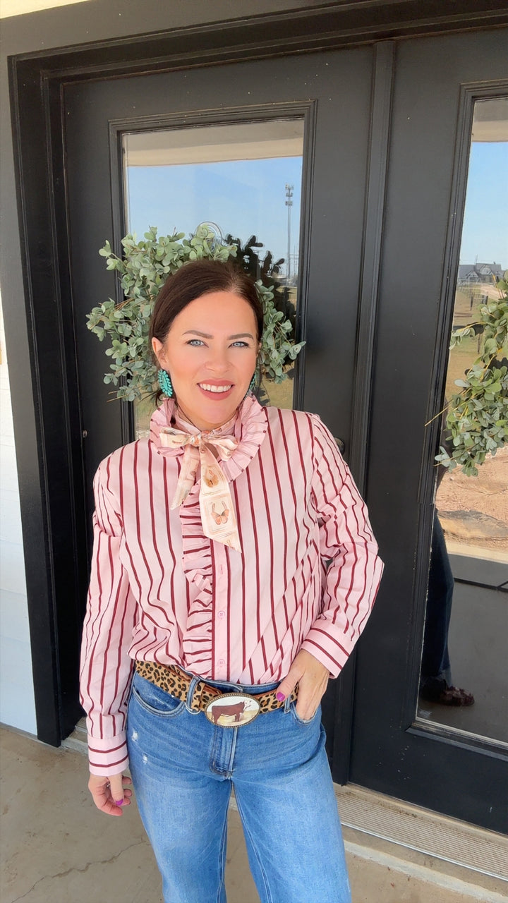 Ruffled Stripe Button-Up Shirt