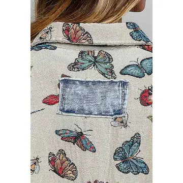 Oversized Butterfly Floral Tapestry Patch Pocket Jacket