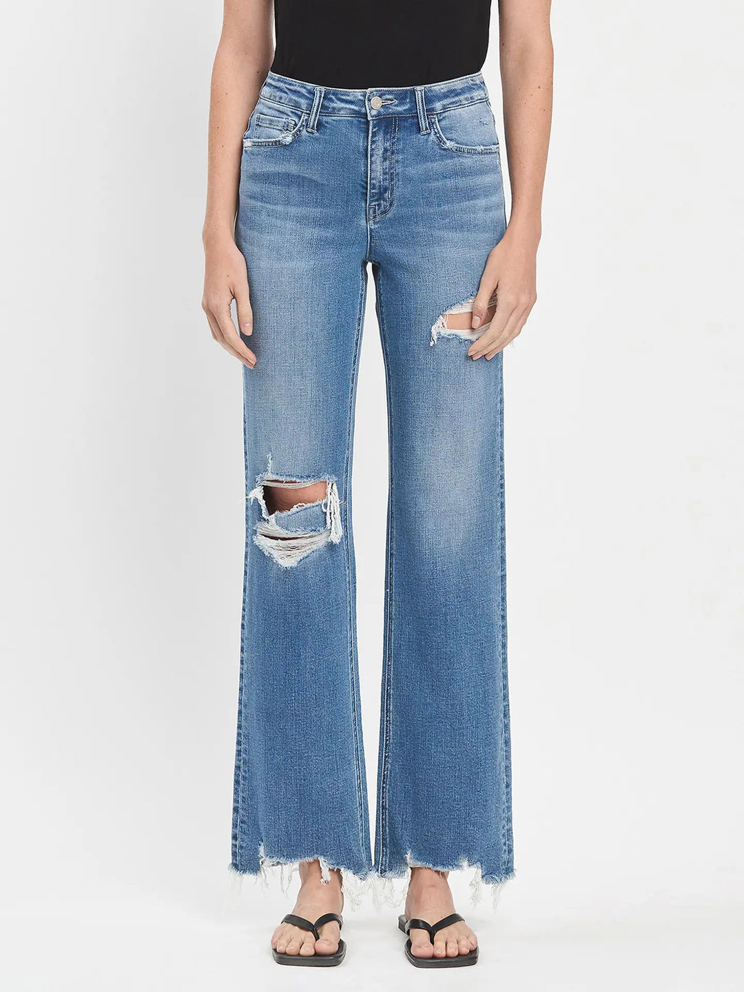 High Rise Medium Wash Distressed Slim Wide Jeans