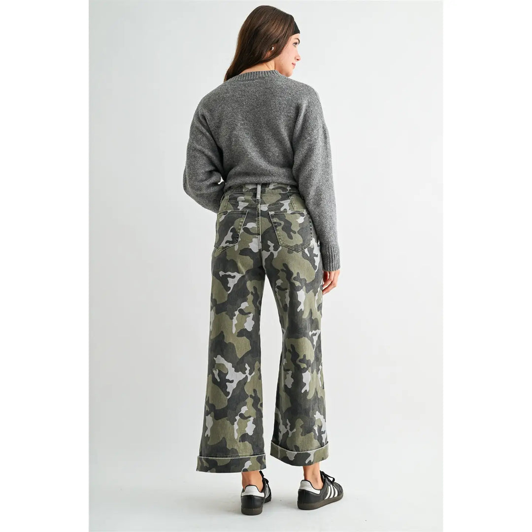 High-Rise Wide Leg Crop Camouflage Cuffed Hem