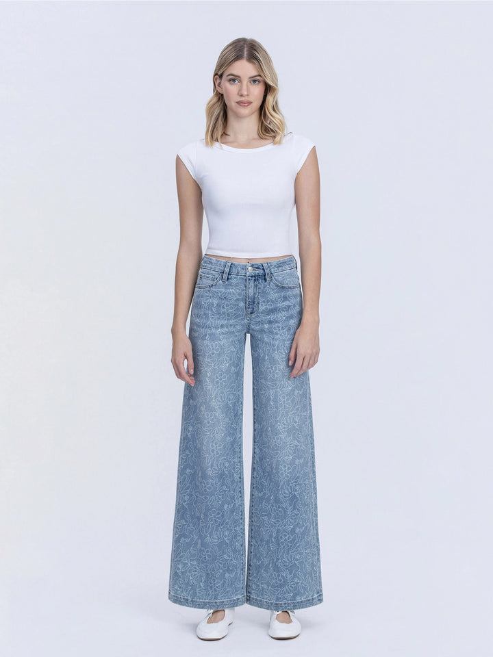 High Rise Medium Light Floral Print Wide Leg Jeans