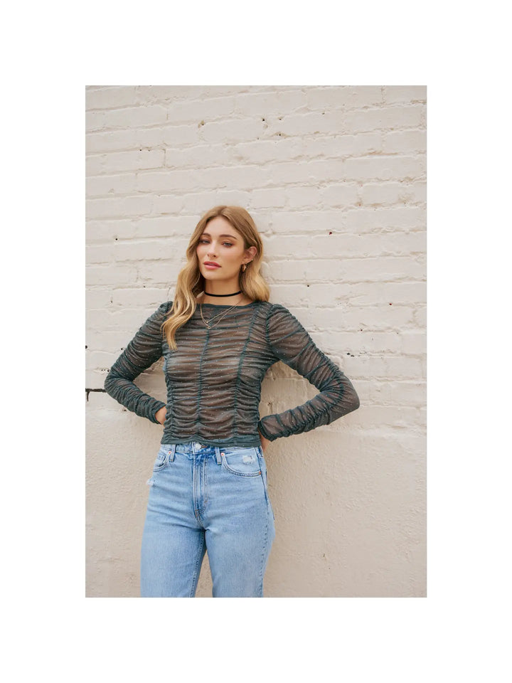 Rhinestoned Sheer Mesh Top with Ruching Details