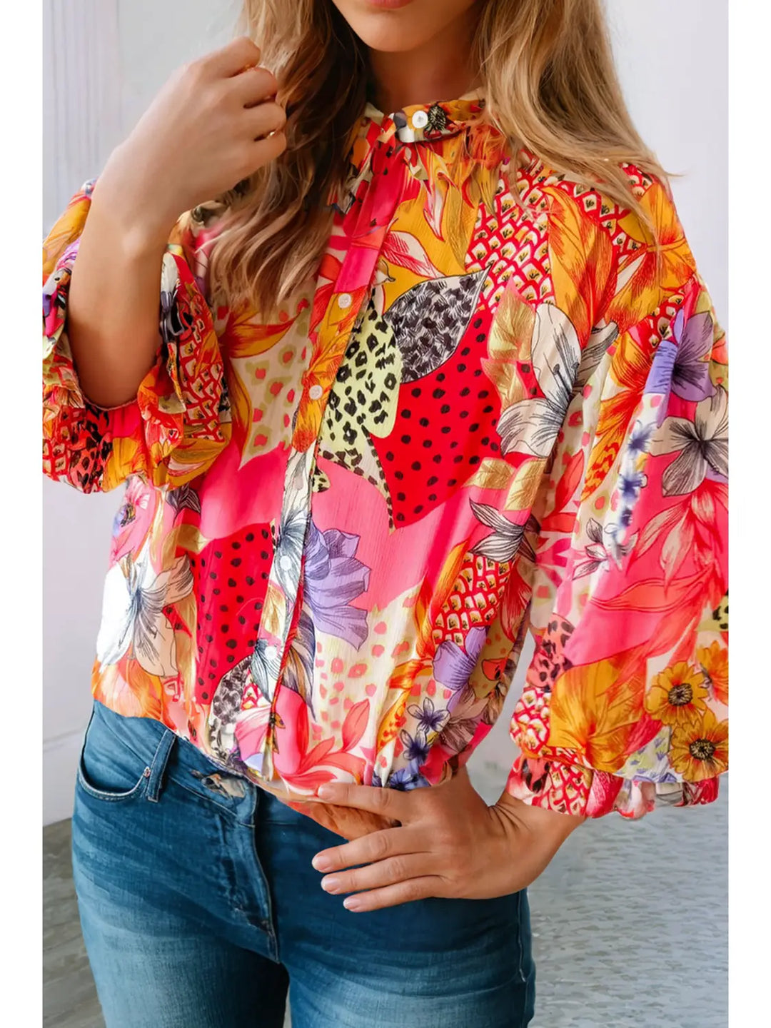 Floral Print Buttoned Ruffled Sleeve Shirt