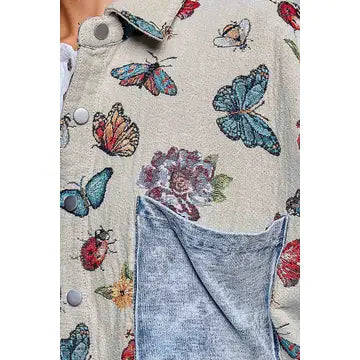 Oversized Butterfly Floral Tapestry Patch Pocket Jacket