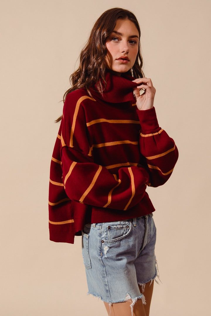 Loose Fit Stripe Turtle Neck Sweater Top
