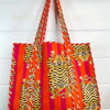 Tiger Print Oversized Quilted Tote Bag with Orange and Pink Stripes