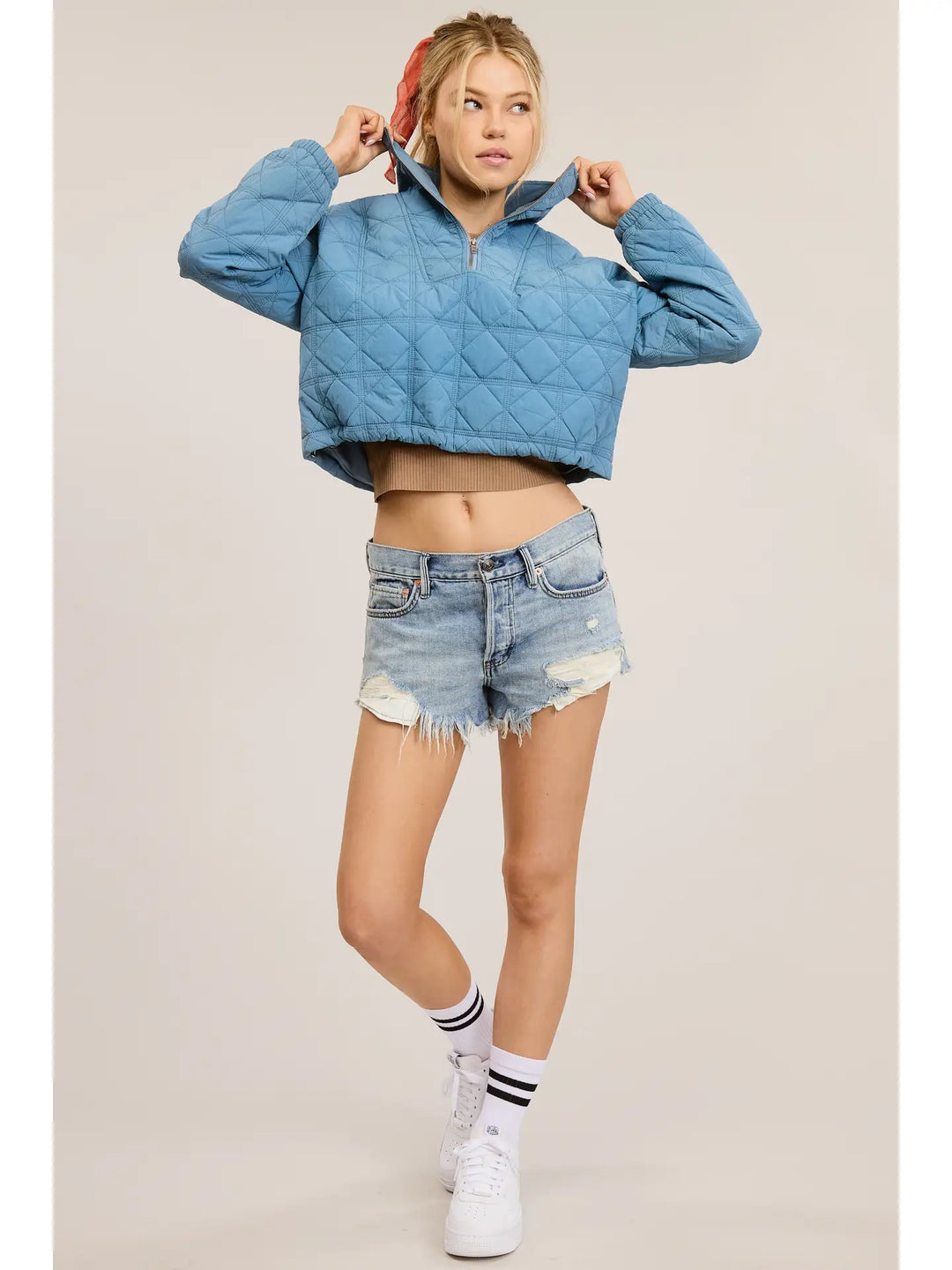 Quilted Puffer Sweater with Collared Zipper-Blue