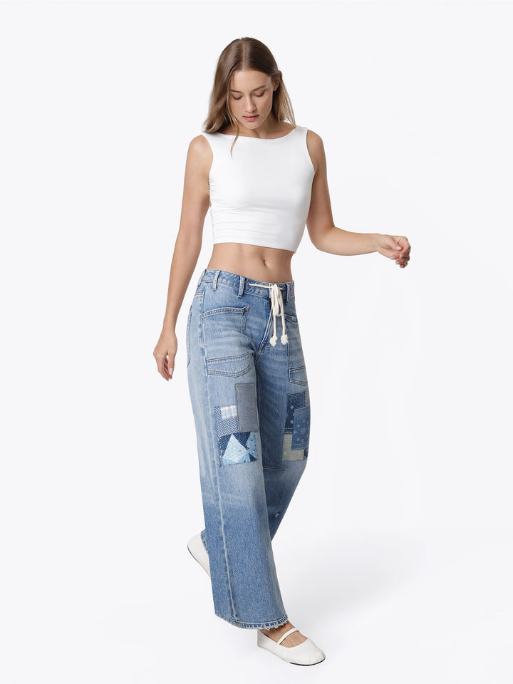 High Rise Patchwork Detail Waist Tie Wide Jeans