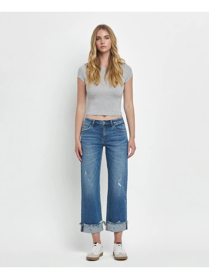Mid Rise Raw Cuffed Hem Slim Wide Jeans