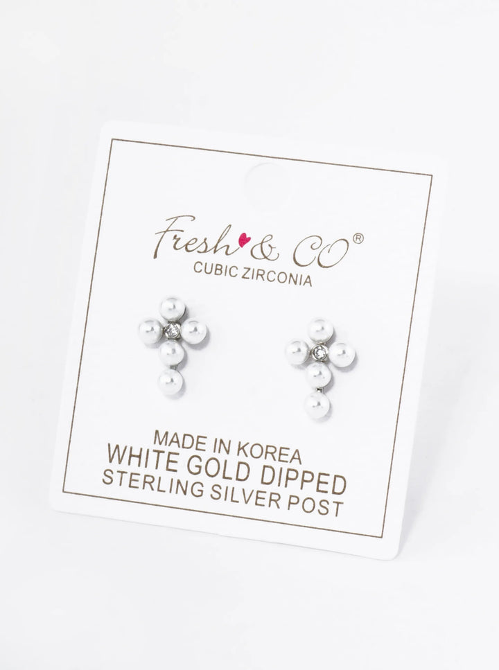 4mm Pearl Cross Earrings