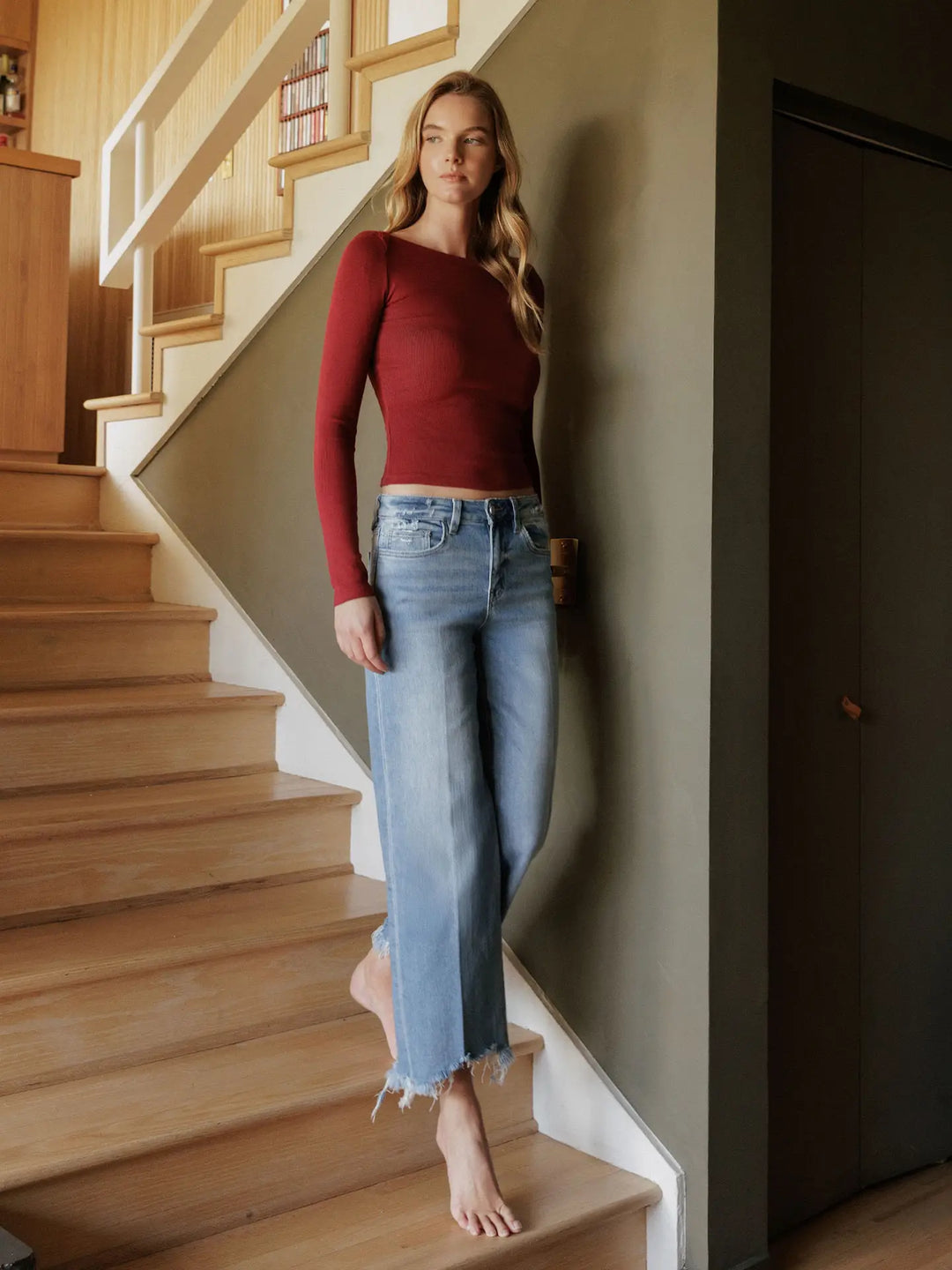 High Rise Distressed Hem Crop Slim Wide Jeans