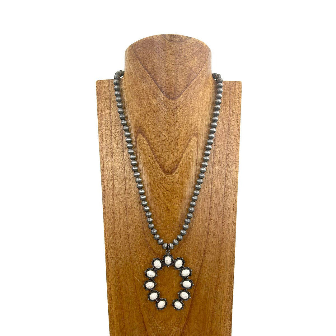 23'' Silver pearl beads with orange stone horse shoe pendent Necklace