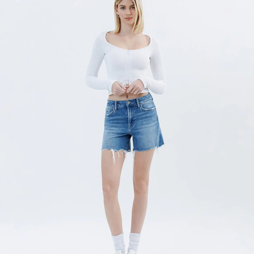 High Rise Raw Hem Boyfriend Shorts