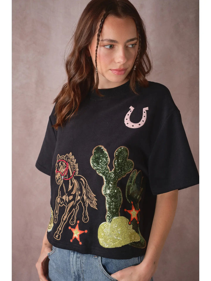 Western Patch Embroidered Knit Top