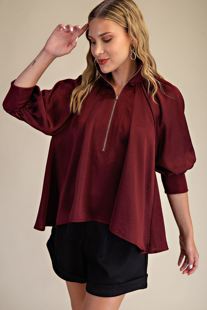 Mock Neck Band Puff Sleeve Blouse
