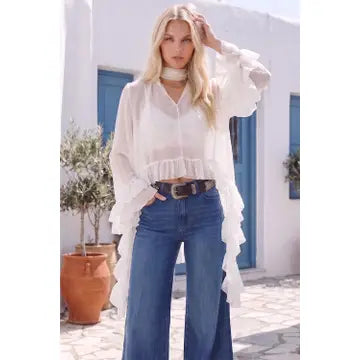 Ruffled Blouse with Mock Neck and Long Asymmetrical Sides