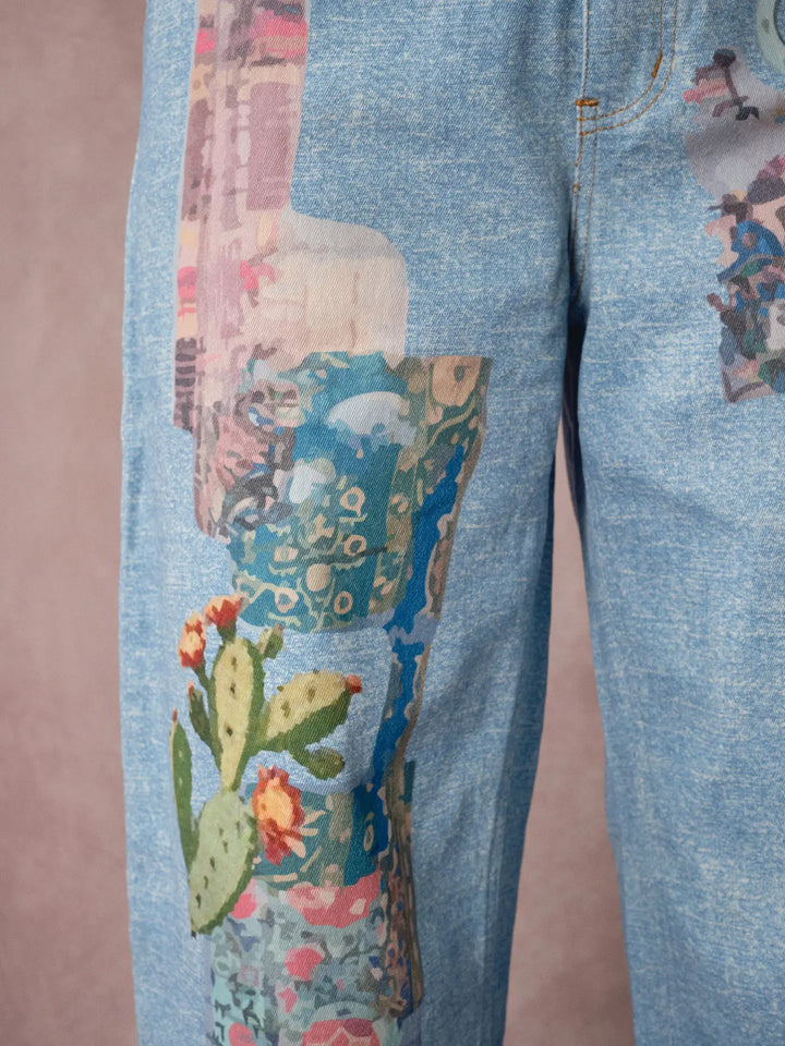 Vintage Art Collage Print Denim Pants