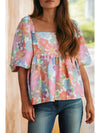 Floral Puff Sleeve Square Neck Babydoll Blouse
