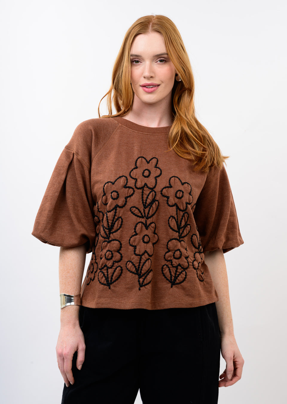 French Terry Embroidered Chocolate Crewneck-Ivy Jane