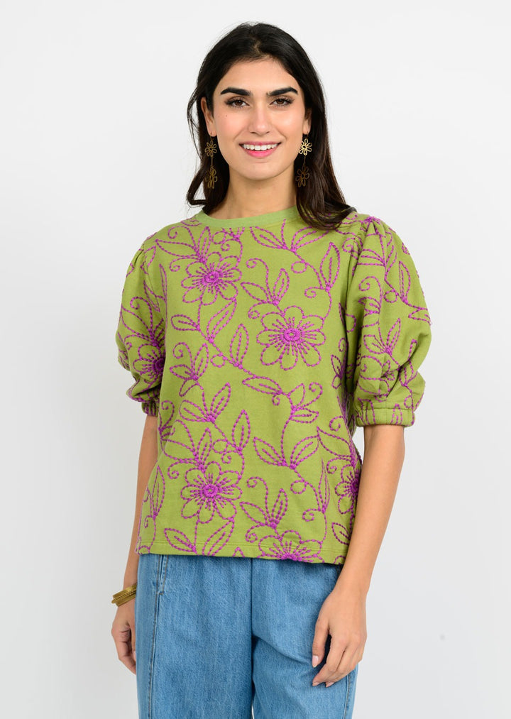 Green Floral Vines Knit Top-Ivy Jane